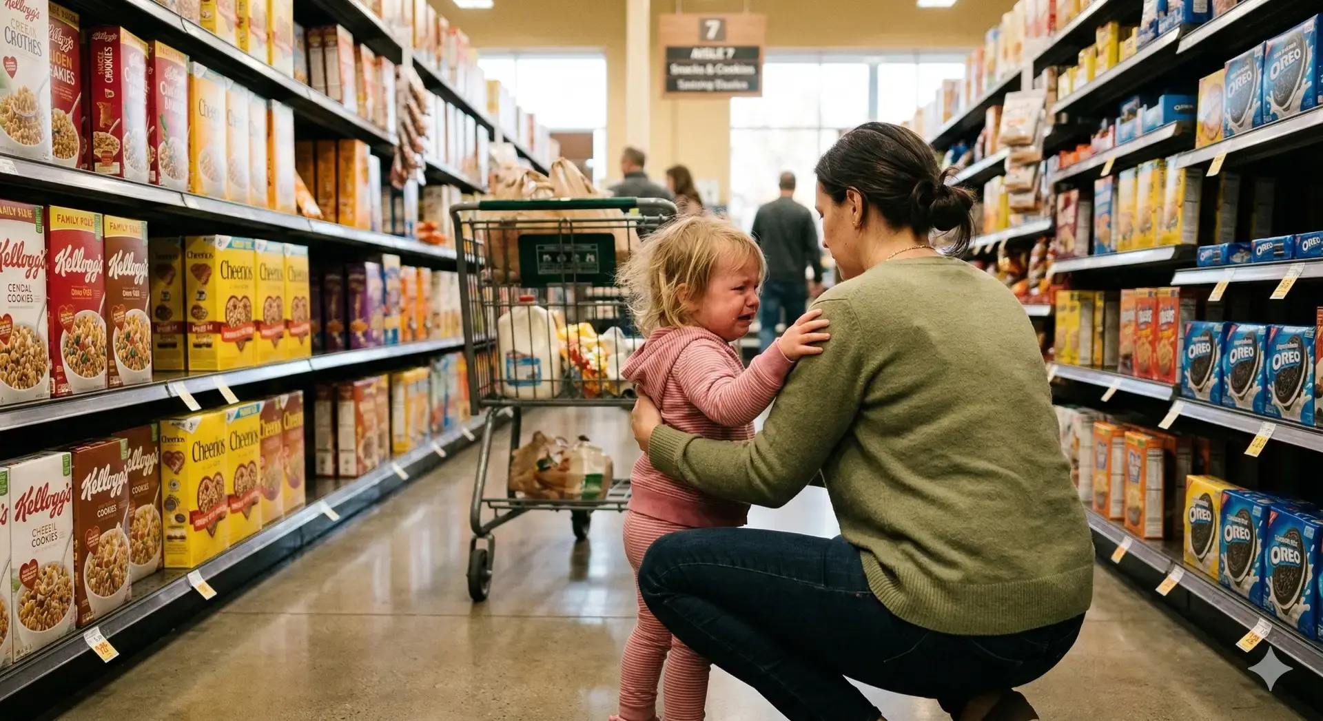 Parent calmly handling a toddler's grocery store meltdown